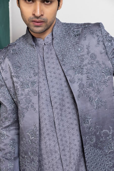 Buy Smriti By Anju Agarwal Gray Linen, Cotton, Silk Embroidery, Beads Grey Sherwani Kurta Pant Set Buy_Smriti By Anju Agarwal_Gray Linen, Cotton, Silk Embroidery, Beads Grey Sherwani Kurta Pant Set