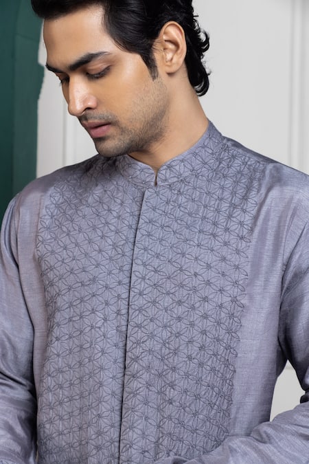 Shop Smriti By Anju Agarwal Gray Linen, Cotton, Silk Embroidery, Beads Grey Sherwani Kurta Pant Set Shop_Smriti By Anju Agarwal_Gray Linen, Cotton, Silk Embroidery, Beads Grey Sherwani Kurta Pant Set