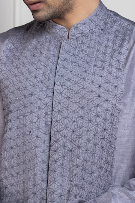 Shop Smriti By Anju Agarwal Gray Bamboo, Cotton Embroidery Grey Bam Silk Kurta Set Online at Aza Fashions Shop_Smriti By Anju Agarwal_Gray Bamboo, Cotton Embroidery Grey Bam Silk Kurta Set _Online_at_Aza_Fashions