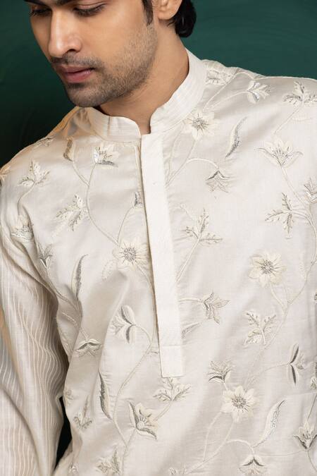 Smriti By Anju Agarwal White Chanderi, Cotton Embroidery Kurta Set Online at Aza Fashions Smriti By Anju Agarwal_White Chanderi, Cotton Embroidery Kurta Set _Online_at_Aza_Fashions