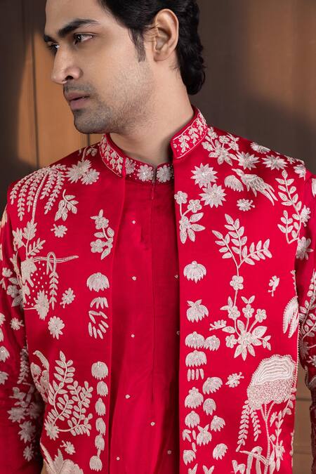 Smriti By Anju Agarwal_Red Linen, Satin Embroidery Nehru Jacket _Online_at_Aza_Fashions