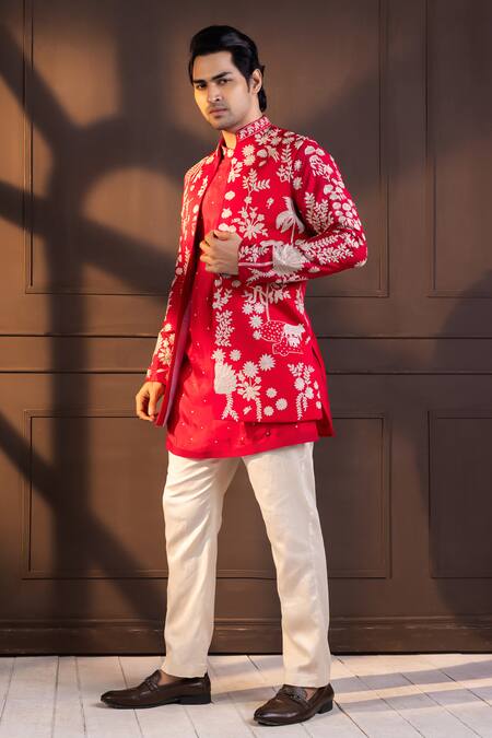 Buy_Smriti By Anju Agarwal_Red Linen, Satin Embroidery Nehru Jacket _Online_at_Aza_Fashions