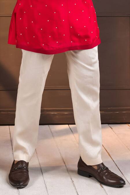 Smriti By Anju Agarwal_Red Linen, Satin, Silk, Cotton Embroidery, Sequins Nehru Jacket Set _Online_at_Aza_Fashions