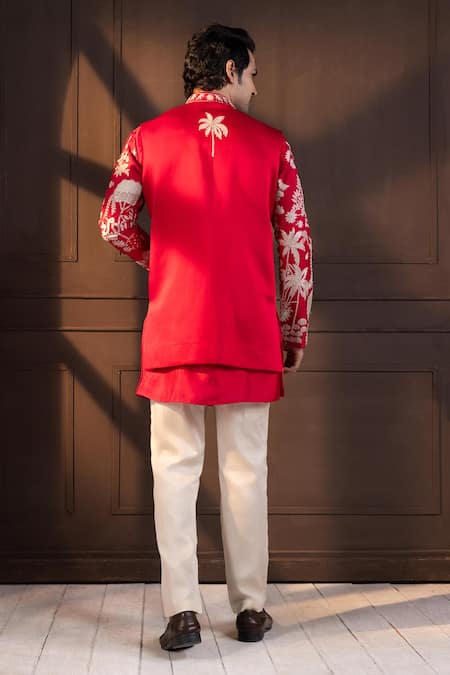 Smriti By Anju Agarwal Embroidered Red Nehru Jacket Set 