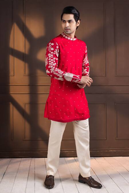 Buy_Smriti By Anju Agarwal_Red Linen, Satin, Silk, Cotton Embroidery, Sequins Nehru Jacket Set _Online_at_Aza_Fashions