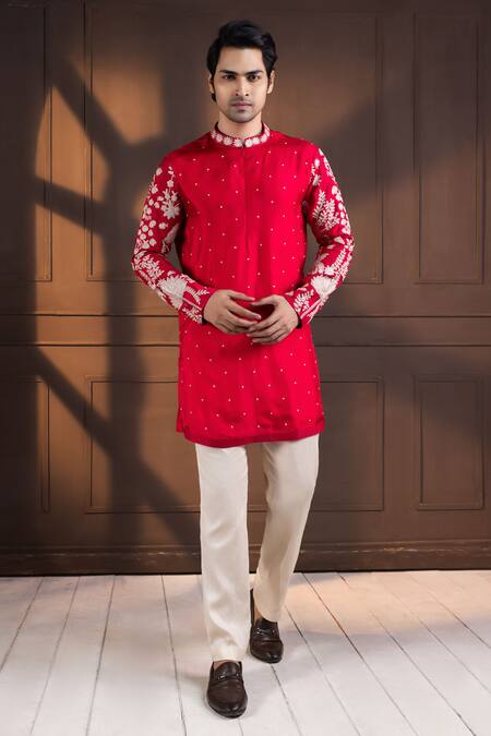 Shop_Smriti By Anju Agarwal_Red Linen, Satin, Silk, Cotton Embroidery, Sequins Nehru Jacket Set _Online_at_Aza_Fashions