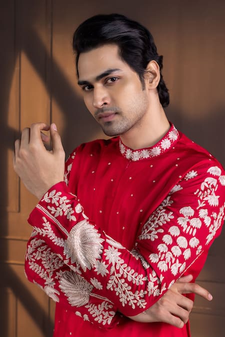 Buy_Smriti By Anju Agarwal_Red Linen, Satin, Silk, Cotton Embroidery, Sequins Nehru Jacket Set 