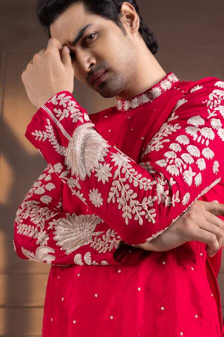 Smriti By Anju Agarwal Red Silk, Cotton Embroidery Kurta Set Online at Aza Fashions Smriti By Anju Agarwal_Red Silk, Cotton Embroidery Kurta Set _Online_at_Aza_Fashions
