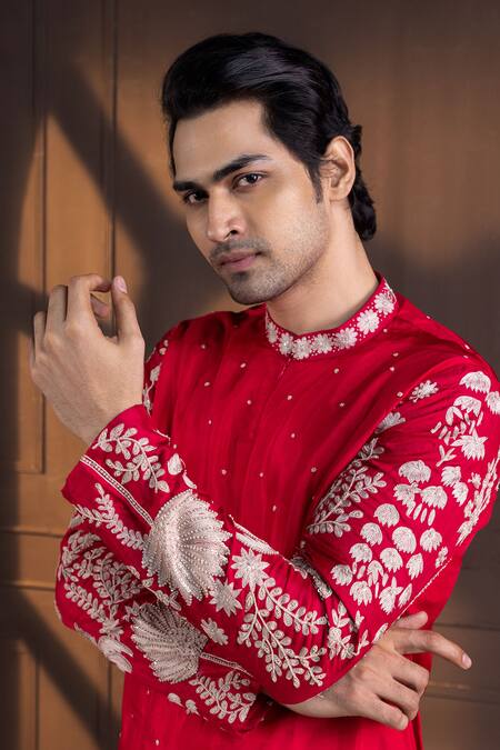 Buy Smriti By Anju Agarwal Red Silk, Cotton Embroidery Kurta Set Online at Aza Fashions Buy_Smriti By Anju Agarwal_Red Silk, Cotton Embroidery Kurta Set _Online_at_Aza_Fashions