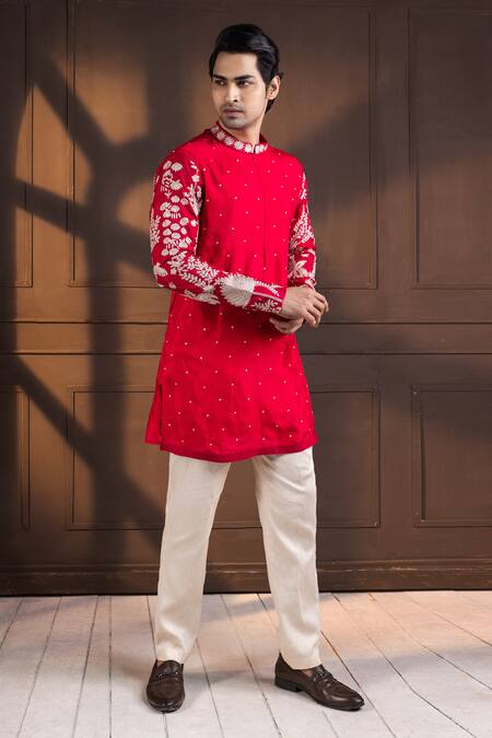 Shop Smriti By Anju Agarwal Red Silk, Cotton Embroidery Kurta Set Online at Aza Fashions Shop_Smriti By Anju Agarwal_Red Silk, Cotton Embroidery Kurta Set _Online_at_Aza_Fashions