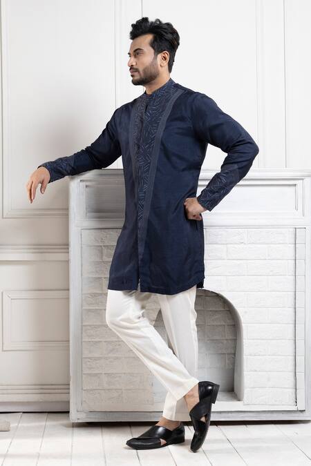 Shop Smriti By Anju Agarwal Navy Bamboo, Cotton Embroidery Blue Kurta Set Online at Aza Fashions Shop_Smriti By Anju Agarwal_Navy Bamboo, Cotton Embroidery Blue Kurta Set _Online_at_Aza_Fashions