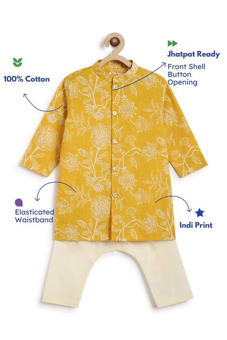 Tiber Taber Yellow Cotton Embroidery Floral Print Kurta Set at Aza Fashions Tiber Taber_Yellow Cotton Embroidery Floral Print Kurta Set _at_Aza_Fashions