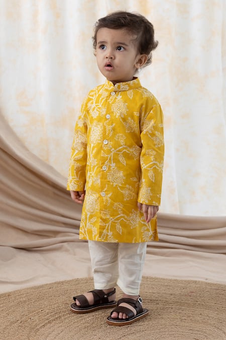 Buy Tiber Taber Yellow Cotton Embroidery Floral Print Kurta Set Buy_Tiber Taber_Yellow Cotton Embroidery Floral Print Kurta Set