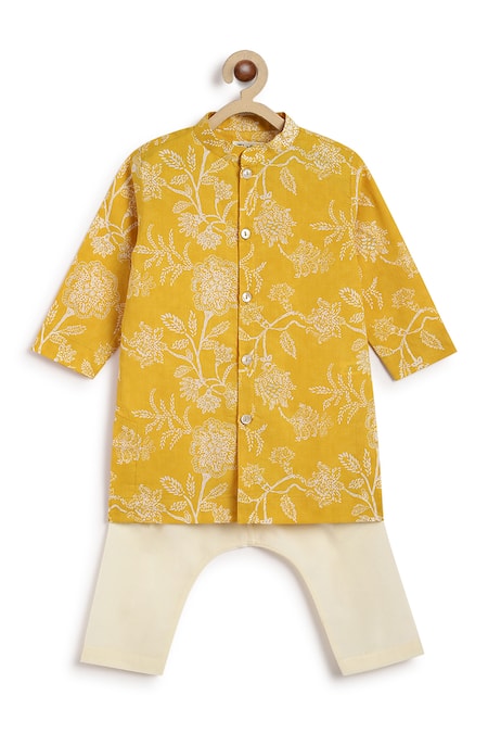 Shop Tiber Taber Yellow Cotton Embroidery Floral Print Kurta Set at Aza Fashions Shop_Tiber Taber_Yellow Cotton Embroidery Floral Print Kurta Set _at_Aza_Fashions