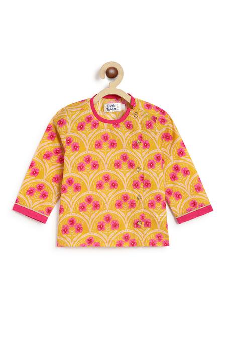Shop_Tiber Taber_Yellow Cotton Floral Print Kurta Set _Online_at_Aza_Fashions