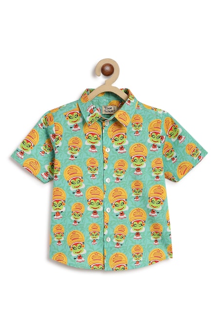 Shop Tiber Taber Blue Cotton Kids Lurex Printed Shirt at Aza Fashions Shop_Tiber Taber_Blue Cotton Kids Lurex Printed Shirt _at_Aza_Fashions