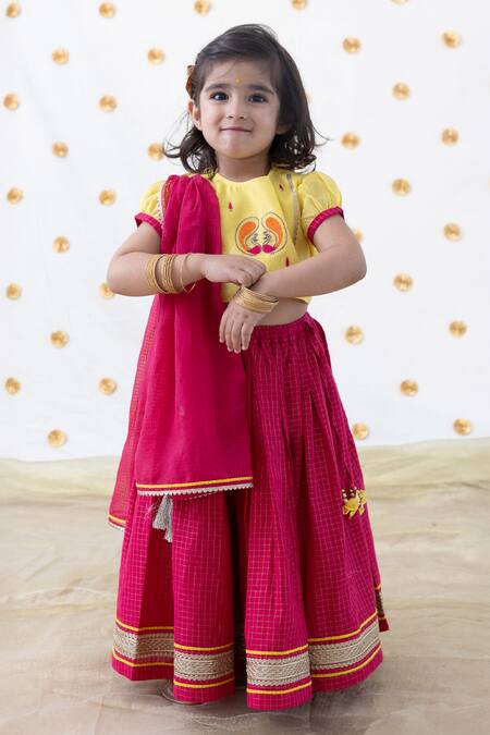 Shop Tiber Taber Yellow Chanderi Silk, Cotton Tassels, Lace Designer Red Kids Lehenga Set Online at Aza Fashions Shop_Tiber Taber_Yellow Chanderi Silk, Cotton Tassels, Lace Designer Red Kids Lehenga Set _Online_at_Aza_Fashions