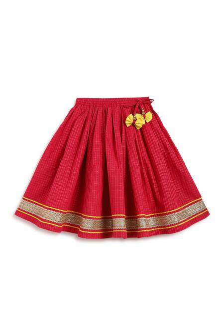 Tiber Taber Yellow Chanderi Silk, Cotton Tassels, Lace Designer Red Kids Lehenga Set at Aza Fashions Tiber Taber_Yellow Chanderi Silk, Cotton Tassels, Lace Designer Red Kids Lehenga Set _at_Aza_Fashions