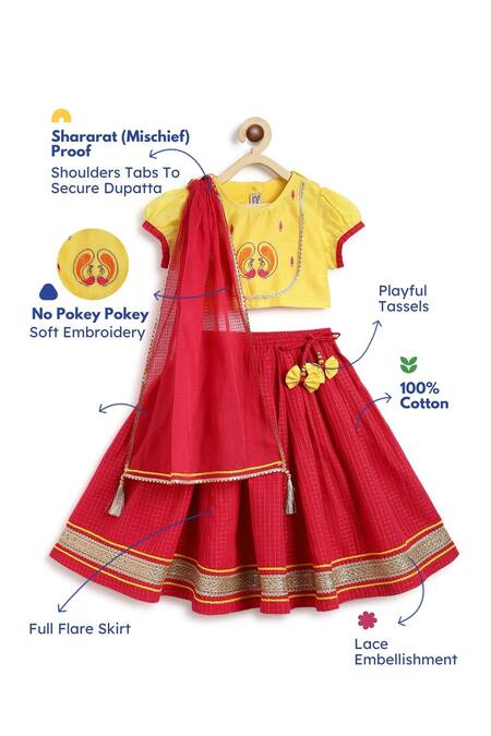 Buy Tiber Taber Yellow Chanderi Silk, Cotton Tassels, Lace Designer Red Kids Lehenga Set Buy_Tiber Taber_Yellow Chanderi Silk, Cotton Tassels, Lace Designer Red Kids Lehenga Set