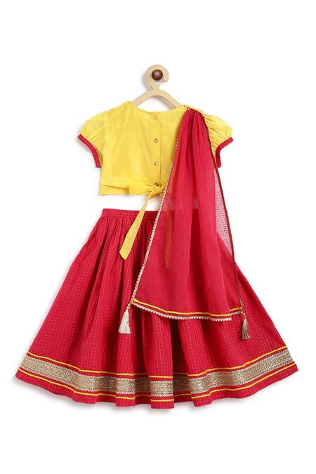 Shop Tiber Taber Yellow Chanderi Silk, Cotton Tassels, Lace Designer Red Kids Lehenga Set Shop_Tiber Taber_Yellow Chanderi Silk, Cotton Tassels, Lace Designer Red Kids Lehenga Set