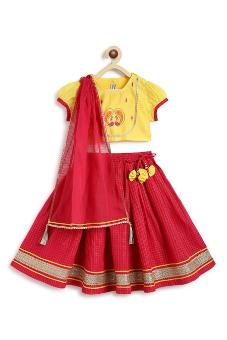 Shop Tiber Taber Yellow Chanderi Silk, Cotton Tassels, Lace Designer Red Kids Lehenga Set at Aza Fashions Shop_Tiber Taber_Yellow Chanderi Silk, Cotton Tassels, Lace Designer Red Kids Lehenga Set _at_Aza_Fashions