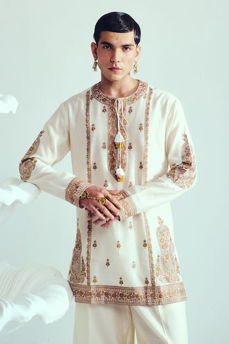 Wabi Sabi By Anshum-Ritesh_Ivory Chanderi Embroidery Kurta Set _Online_at_Aza_Fashions