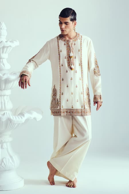 Shop_Wabi Sabi By Anshum-Ritesh_Ivory Chanderi Embroidery Kurta Set _Online_at_Aza_Fashions