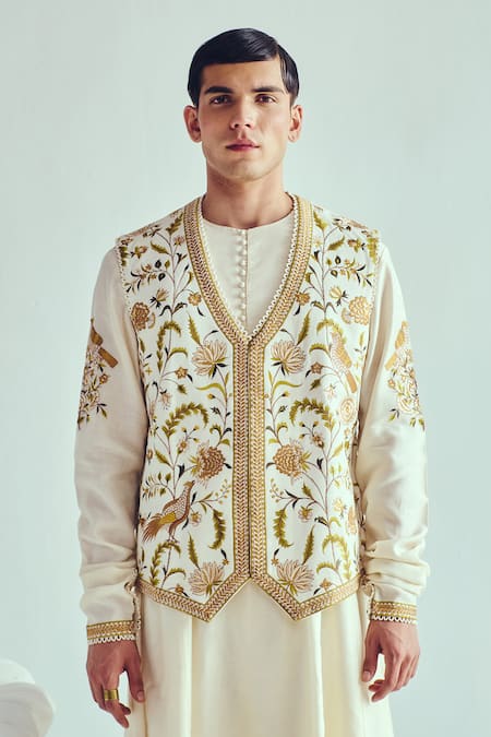 Shop Wabi Sabi By Anshum-Ritesh Ivory Chanderi Embroidery Anarkali Set With Bundi Online at Aza Fashions Shop_Wabi Sabi By Anshum-Ritesh_Ivory Chanderi Embroidery Anarkali Set With Bundi _Online_at_Aza_Fashions