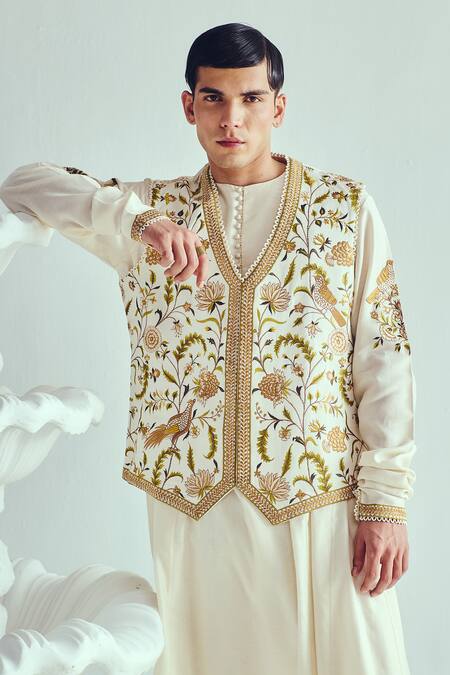 Wabi Sabi By Anshum-Ritesh Ivory Chanderi Embroidery Anarkali Set With Bundi at Aza Fashions Wabi Sabi By Anshum-Ritesh_Ivory Chanderi Embroidery Anarkali Set With Bundi _at_Aza_Fashions