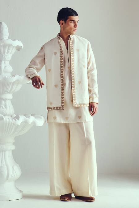 Buy_Wabi Sabi By Anshum-Ritesh_Ivory Chanderi Embroidery Woven Kurta Set _Online_at_Aza_Fashions