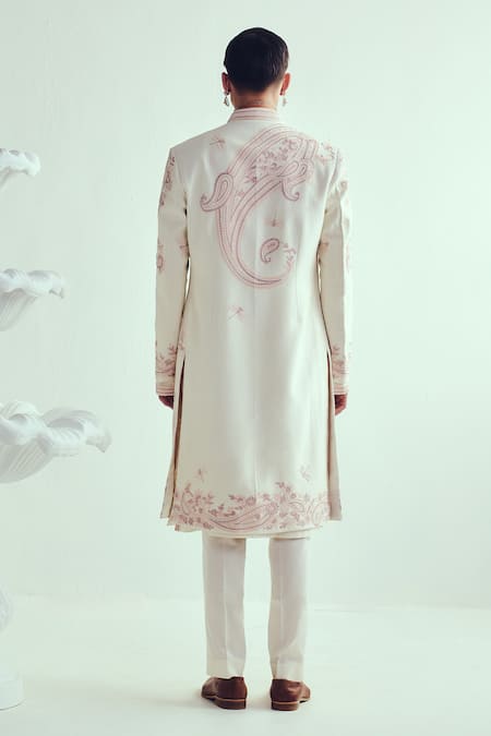 Shop_Wabi Sabi By Anshum-Ritesh_Ivory Chanderi Tassels, Embroidery Aari Sherwani Set _at_Aza_Fashions