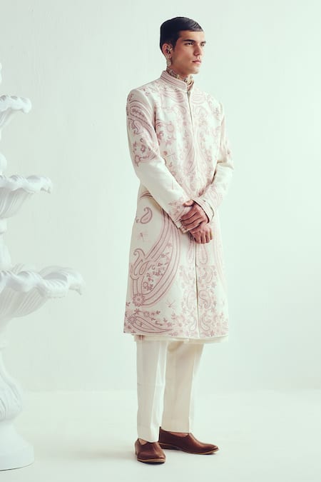 Wabi Sabi By Anshum-Ritesh_Ivory Chanderi Tassels, Embroidery Aari Sherwani Set _Online_at_Aza_Fashions