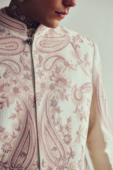 Shop_Wabi Sabi By Anshum-Ritesh_Ivory Chanderi Tassels, Embroidery Aari Sherwani Set _Online_at_Aza_Fashions
