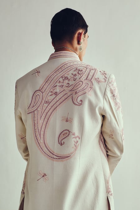 Wabi Sabi By Anshum-Ritesh_Ivory Chanderi Tassels, Embroidery Aari Sherwani Set _at_Aza_Fashions