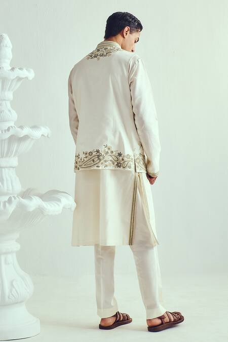 Shop_Wabi Sabi By Anshum-Ritesh_Ivory Chanderi Embroidery Kurta Set With Bundi _at_Aza_Fashions