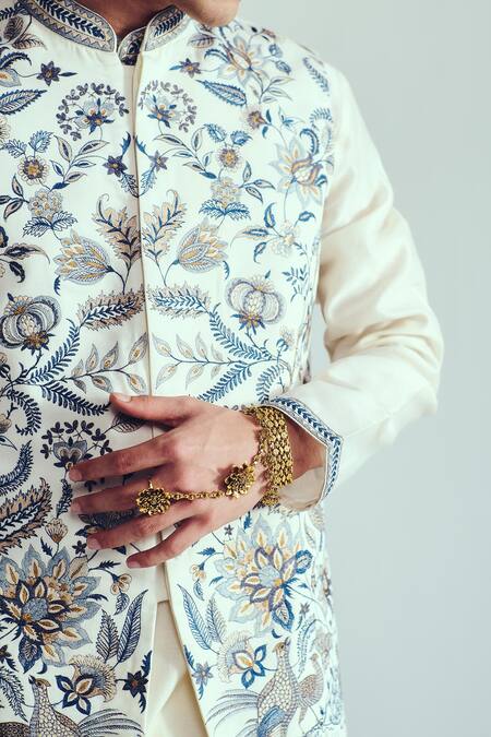 Shop_Wabi Sabi By Anshum-Ritesh_Ivory Chanderi Embroidery Kurta Set With Bundi 