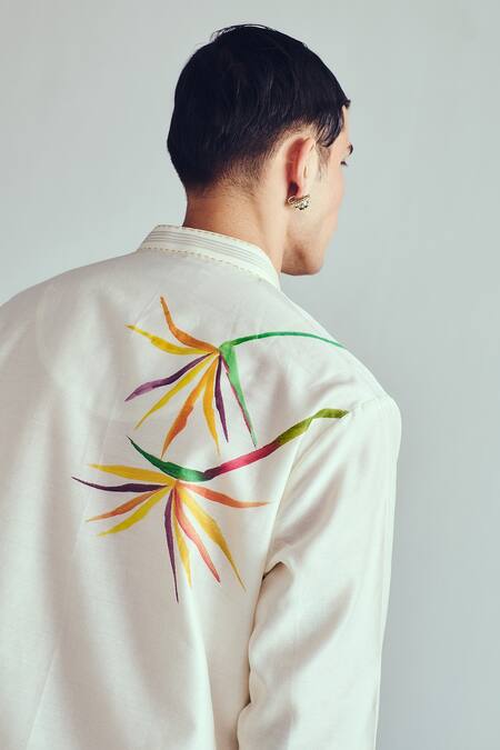 Wabi Sabi By Anshum-Ritesh_Ivory Chanderi Crowned Crane Hand Painted Kurta Set _Online_at_Aza_Fashions