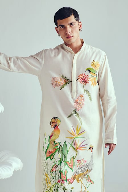 Shop_Wabi Sabi By Anshum-Ritesh_Ivory Chanderi Crowned Crane Hand Painted Kurta Set _Online_at_Aza_Fashions