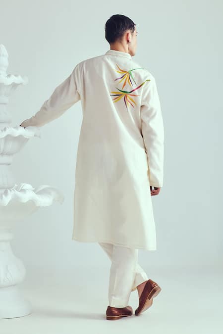 Shop_Wabi Sabi By Anshum-Ritesh_Ivory Chanderi Crowned Crane Hand Painted Kurta Set _at_Aza_Fashions