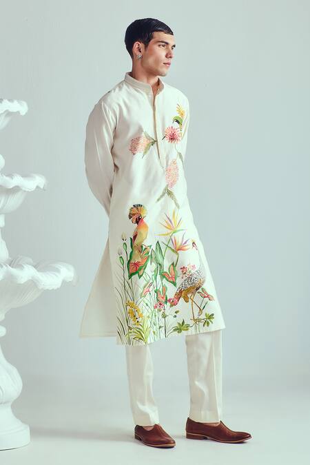 Shop_Wabi Sabi By Anshum-Ritesh_Ivory Chanderi Crowned Crane Hand Painted Kurta Set 