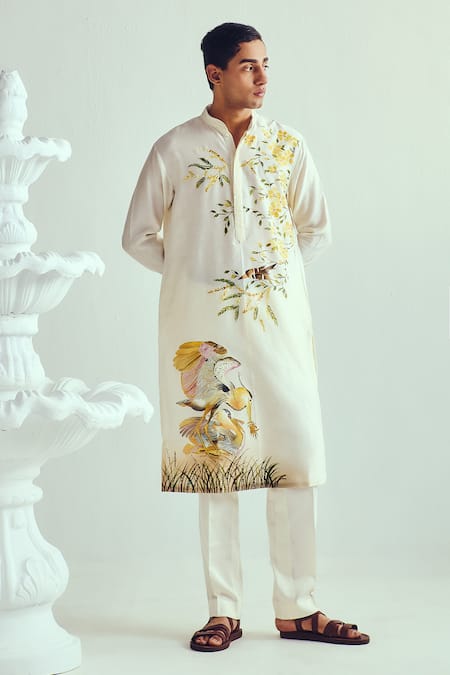 Shop Wabi Sabi By Anshum-Ritesh Ivory Chanderi Hand Painted Crane And Crab Kurta Set Online at Aza Fashions Shop_Wabi Sabi By Anshum-Ritesh_Ivory Chanderi Hand Painted Crane And Crab Kurta Set _Online_at_Aza_Fashions