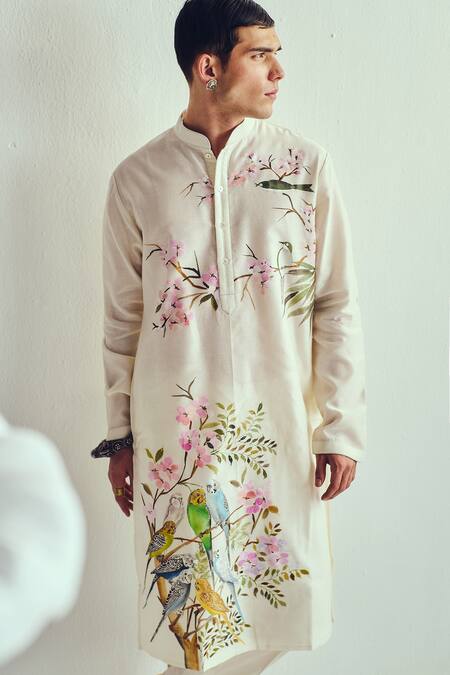 Buy_Wabi Sabi By Anshum-Ritesh_Ivory Chanderi Hand Painted Kurta Set _Online_at_Aza_Fashions