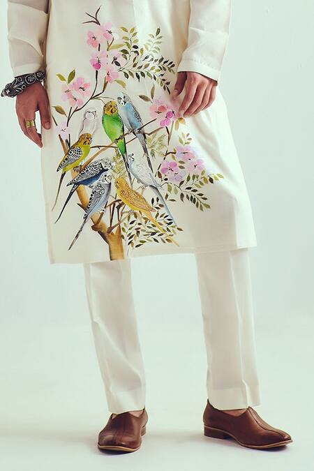 Shop_Wabi Sabi By Anshum-Ritesh_Ivory Chanderi Hand Painted Kurta Set _Online_at_Aza_Fashions
