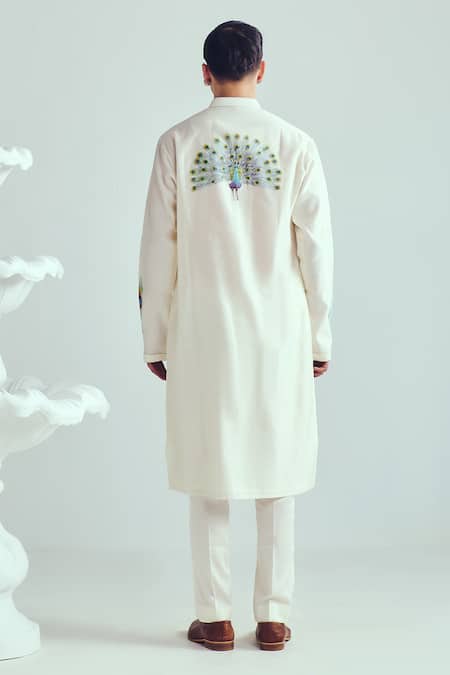 Shop_Wabi Sabi By Anshum-Ritesh_Ivory Chanderi Embroidery Peacock Feather Hand Painted Kurta Set _at_Aza_Fashions