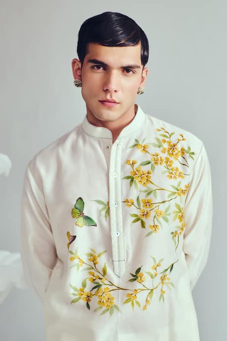 Buy_Wabi Sabi By Anshum-Ritesh_Ivory Chanderi Embroidery Peacock Feather Hand Painted Kurta Set _Online_at_Aza_Fashions