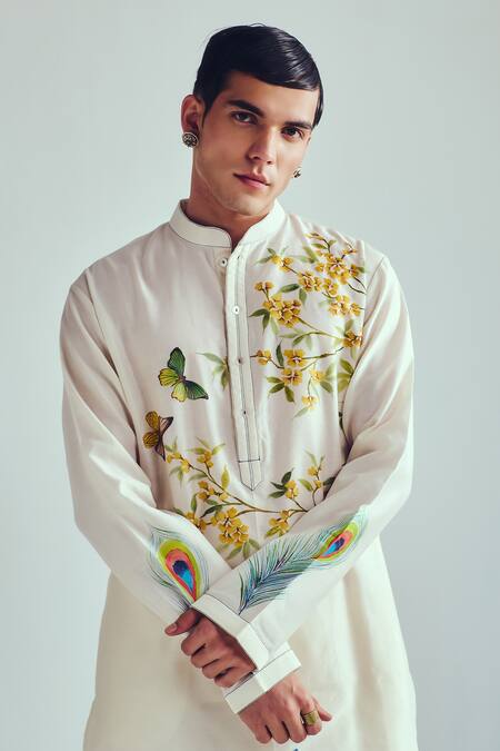 Shop_Wabi Sabi By Anshum-Ritesh_Ivory Chanderi Embroidery Peacock Feather Hand Painted Kurta Set _Online_at_Aza_Fashions