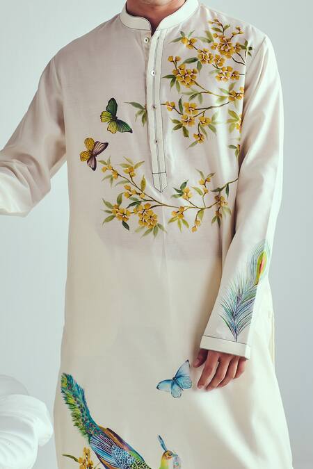 Wabi Sabi By Anshum-Ritesh_Ivory Chanderi Embroidery Peacock Feather Hand Painted Kurta Set _at_Aza_Fashions