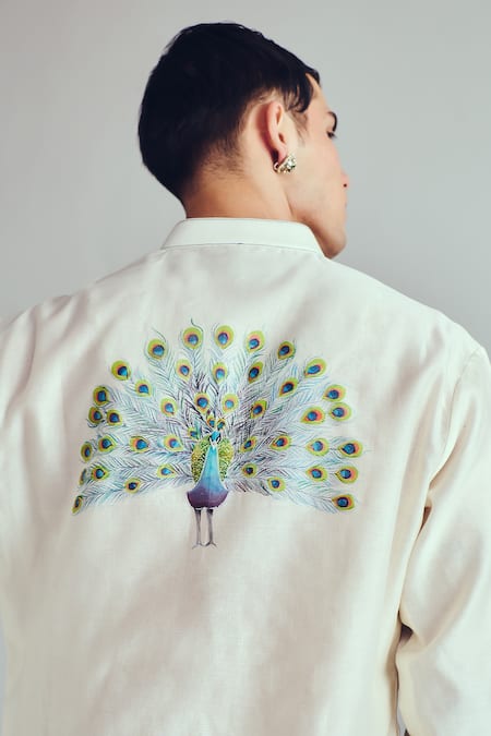 Buy_Wabi Sabi By Anshum-Ritesh_Ivory Chanderi Embroidery Peacock Feather Hand Painted Kurta Set 