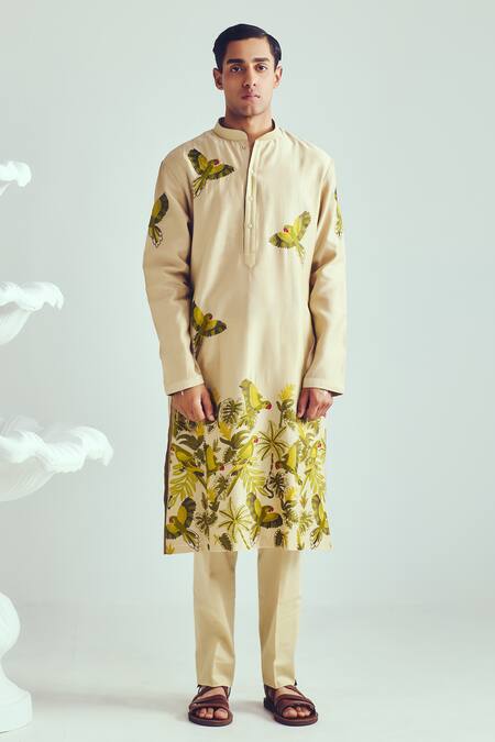 Wabi Sabi By Anshum-Ritesh_Beige Chanderi Embroidery Aari Kurta Set _Online_at_Aza_Fashions