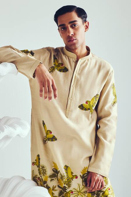 Shop_Wabi Sabi By Anshum-Ritesh_Beige Chanderi Embroidery Aari Kurta Set _Online_at_Aza_Fashions